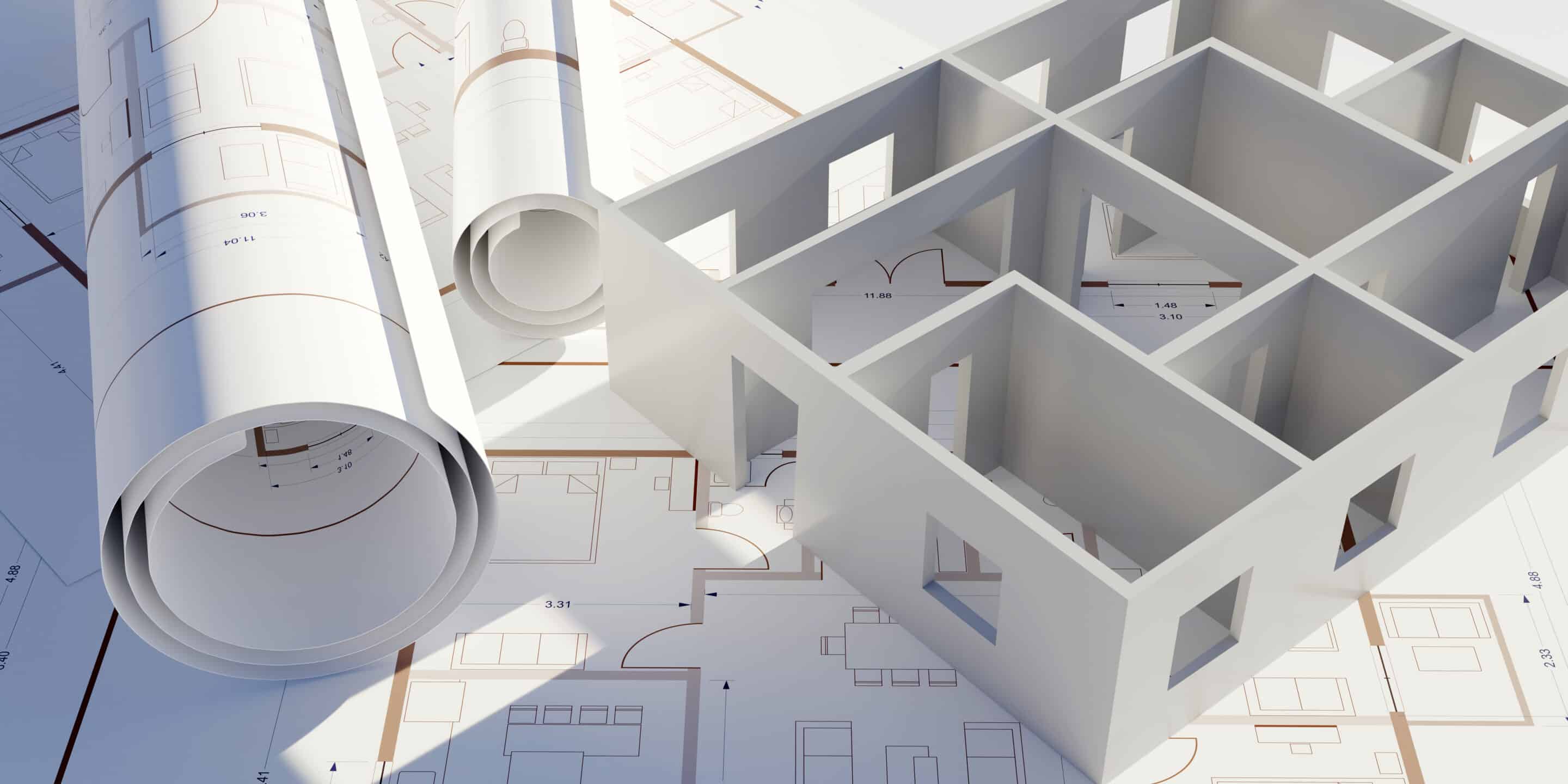 Architecture design drawings, building model on blueprint floor plan, house construction. 3d Normes BIM